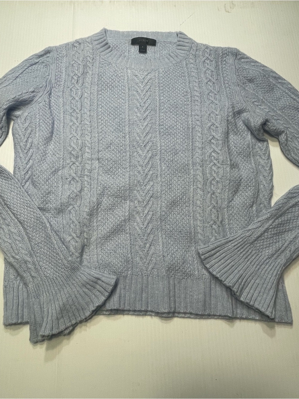 J.Crew Soft Cable Knit Sweater Flared Bell Cuff Women Sz S Light Blue Wool Blend